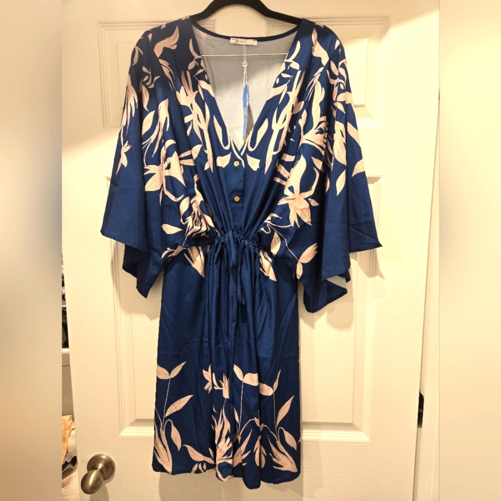 Cupshe Teal/Cream Button Front, Drawstring Cover-up Dress, Sz L, NWT